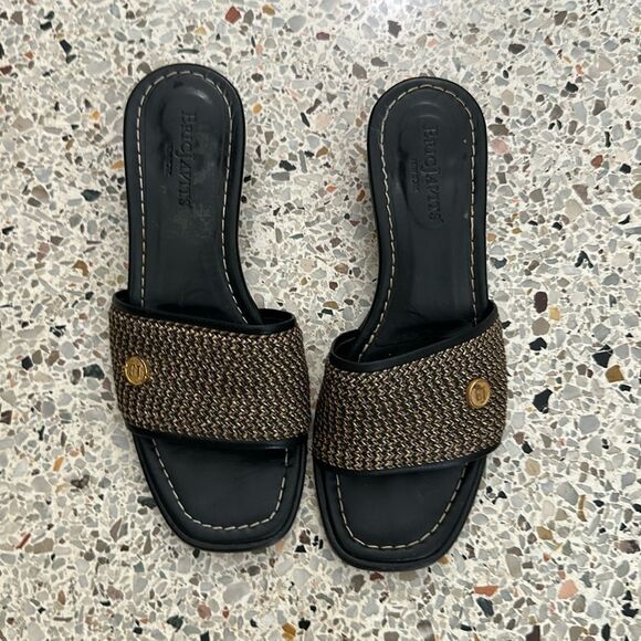 Eric Javits raffia rattan brown gold slide kitten heel 5 - Picture 2 of 4